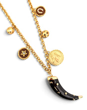 Tusk-like deep Maroon with horse charm & sphere all with enamel on Estefania Chain Long Necklace 30”