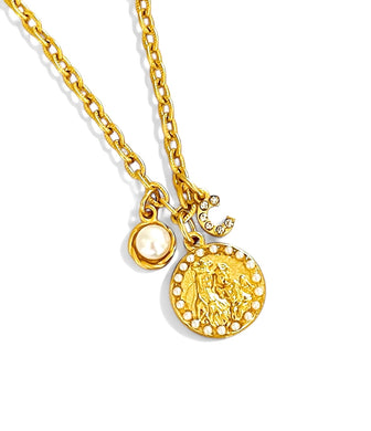 Virgen del Carmen Mini Oval Pearl Charm with Pearl Charm on CAMILA Chain 16” Adj to 18” ✨ Choose Initial ⬇️