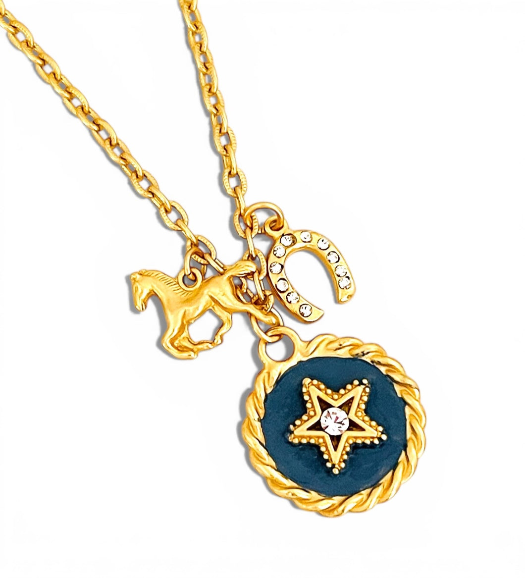 Heradura with Pave & BlueGray Hand Painted Enamel 🎨 with Horse & Horse Shoe Charm ✨ Short Necklace on Camila Chain & Initial
