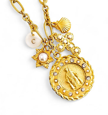NEW! “SANTIAGO DE COMPOSTELA del CAMINO DE COMPOSTELA” ✨ Medal with Pearl & CZ Detail, Pearl Cross, Pearl & Clamshell Charms ✨ REGINA Chain Short Necklace 18”-20” Choose Initial Below ⬇️