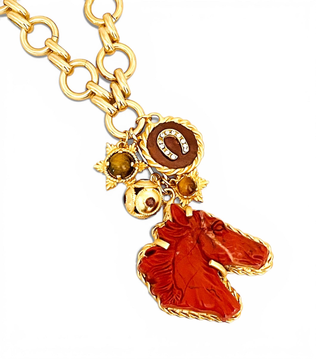 Red River Jasper for Stability🐴 Carved Horse Stone with Pearl Dot, Horseshoe & Tiger Eye Charms on Isabela Short Necklace