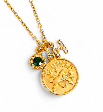 TAURUS ♉️ Medal with Birthstone & Initial on Thin LIA Chain 18” Adj to 20” ✨ Choose Birthstone & Pave Initial ⬇️