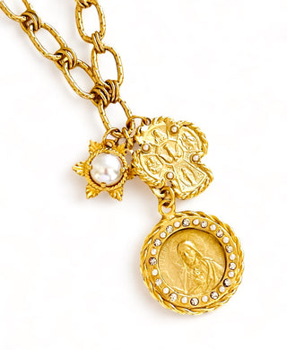 Sagrado CORAZÓN de Jesus Medalla Charm with Cross & Pearl Charm Dangle ✨ VALENTINA Chain Short Necklace 20”