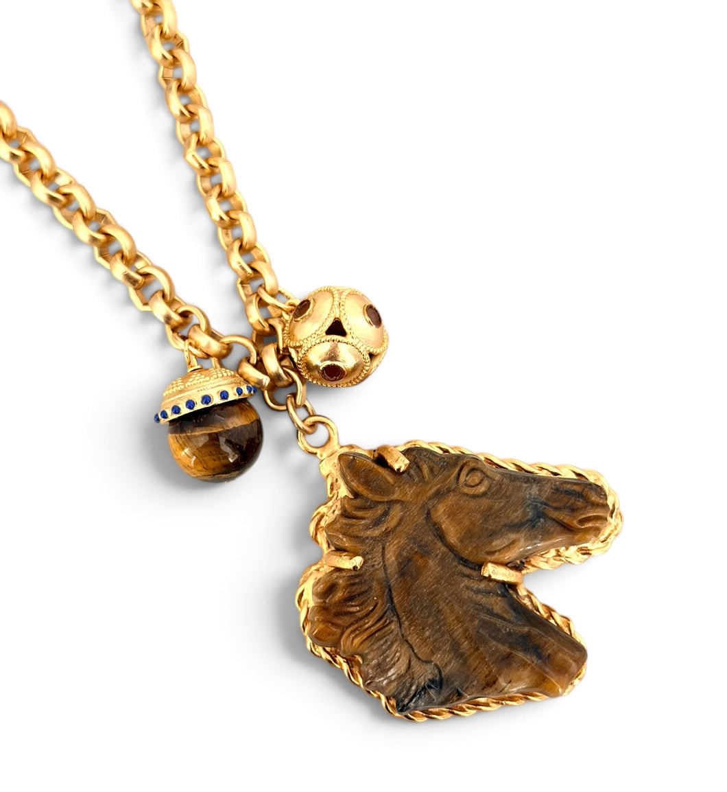 Horse Head Carved Tiger Eye with Tiger Eye Charm & Sphere Dot Charm in Maroon on Estefania Chain Short Necklace 20”-22”