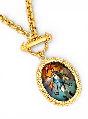 La Asuncion de la Virgen Colored Medallion with Pearls in Estefania Chain with Toggle ✨ Short Necklace 20”