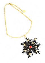 ONLY 1 LEFT!!! BLACK Enamel 🪸 Snowflake Coral Like with Coral Color & Pearl Cabochons Statement Pendant Approx 3.5” ⭐️ Bar & Chain Short Mid-Length Necklace 20-23”