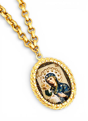 Perpetuo Socorro Colored Medallion with Pearls on Estefania Chain ✨ Long Necklace 30”