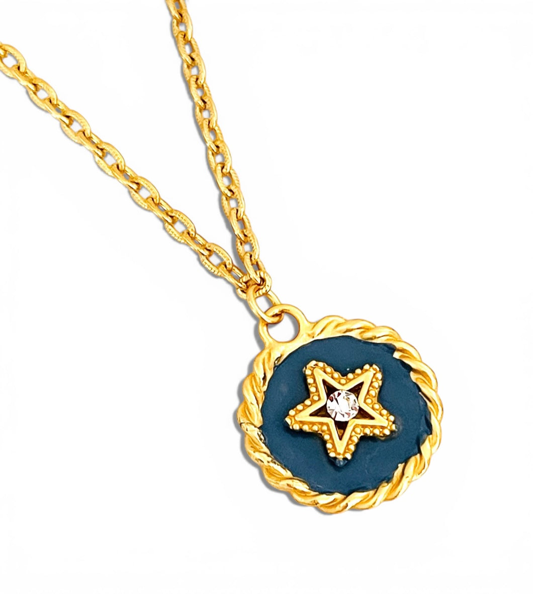 Star with Cristal & BlueGray Hand Painted Enamel 🎨 Short Necklace on Camila Chain