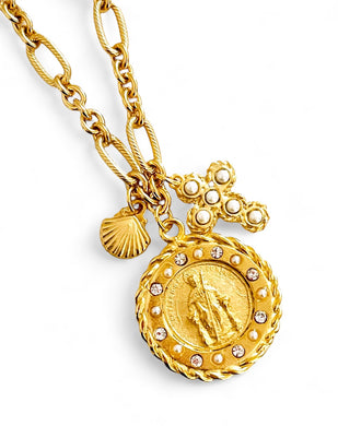 NEW! “SANTIAGO DE COMPOSTELA del CAMINO DE COMPOSTELA” ✨ Medal with Pearl & CZ Detail, Pearl Cross & Clamshell Charms ✨ REGINA Chain Long Necklace 30”