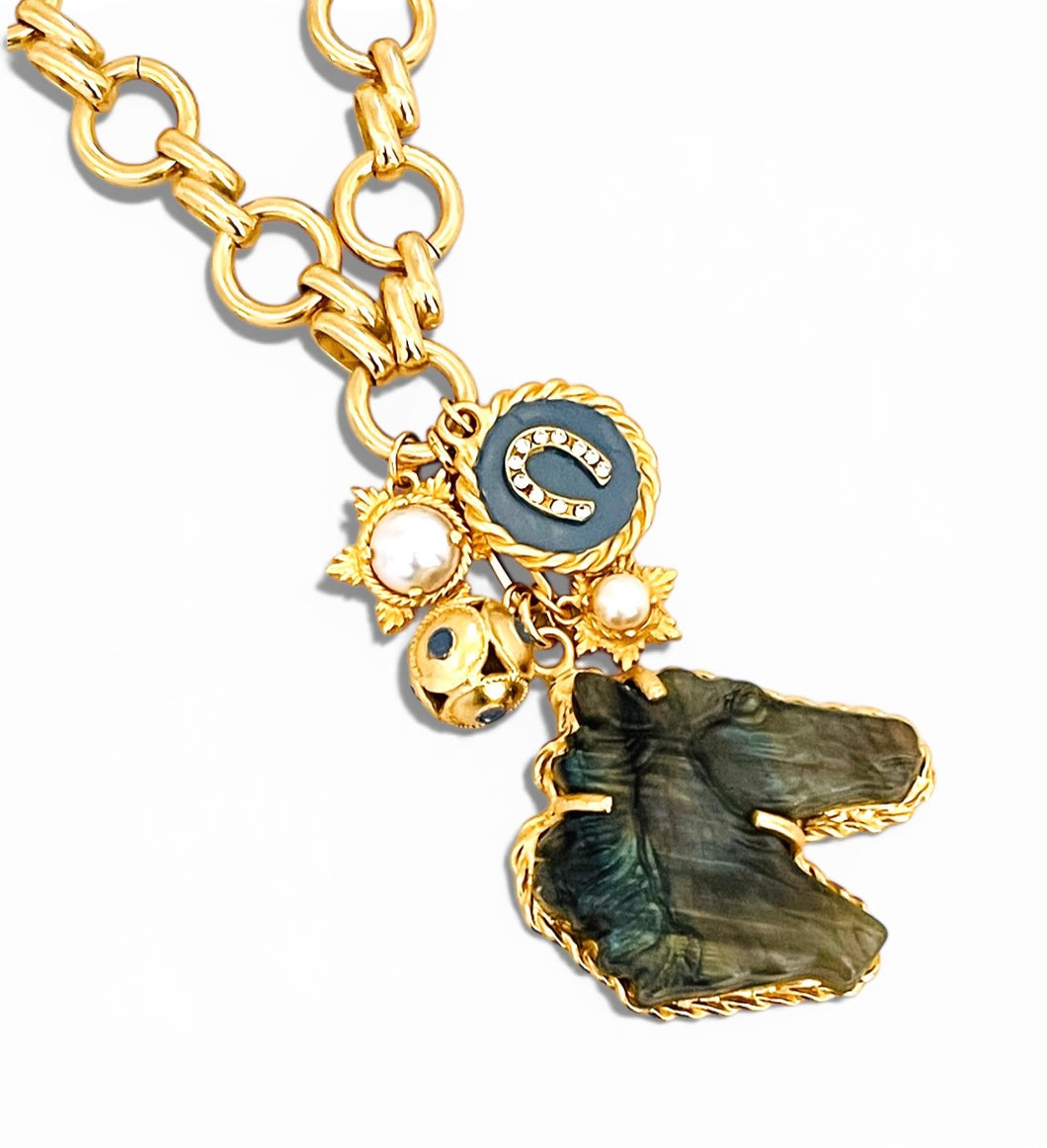 Labradorite for Inner Strength 🐴 Carved Horse Stone with Pearl Dot Horseshoe & Pearl Charms on Isabela Short Necklace