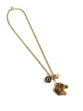 Horse Head Carved Picture Jasper with Sphere Dot Charm & Horse Shoe Charm in Maroon on Estefania Chain Long Necklace 30”