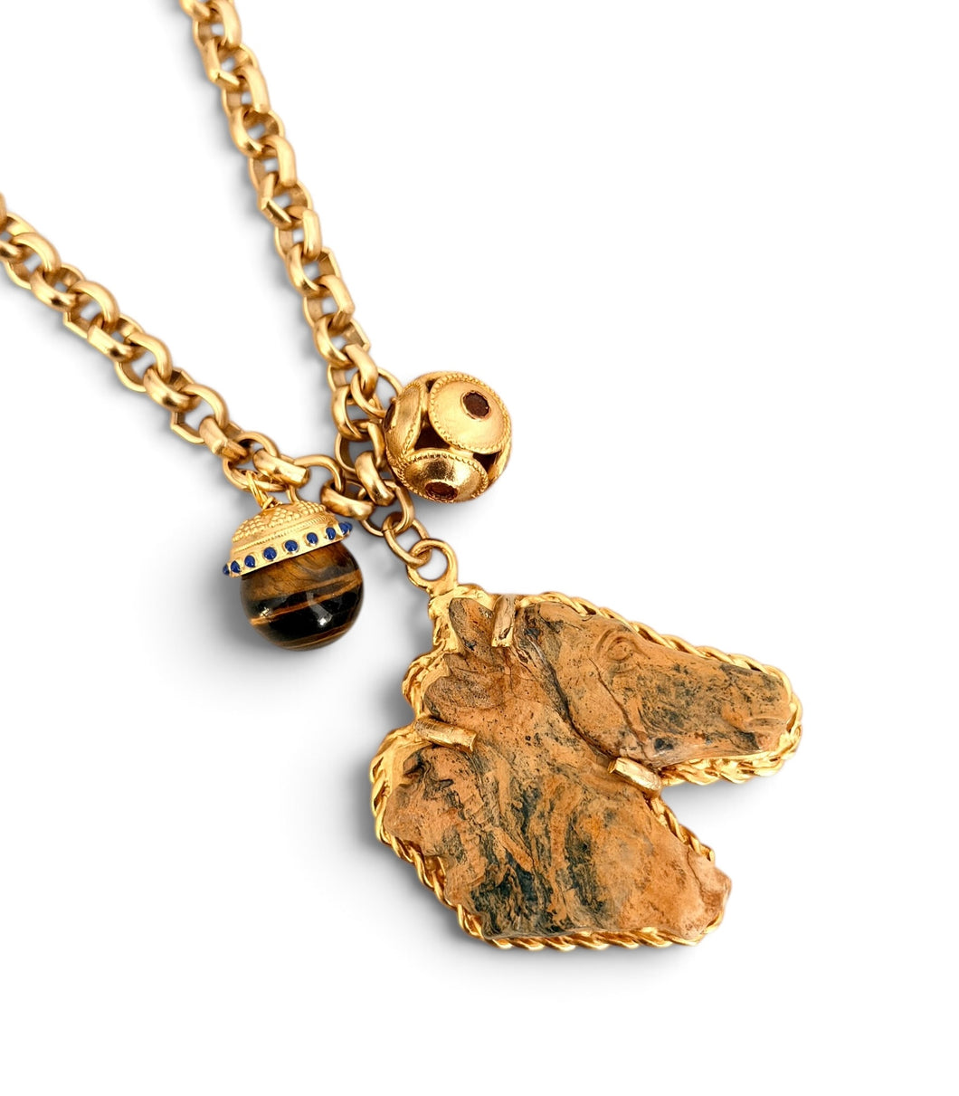 Horse Head Carved Picture Jasper with Tiger Eye & Sphere Dot Charm in Maroon on Estefania Chain Short Necklace 20”-22”