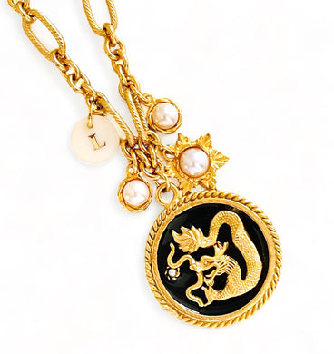 ONLY 1 LEFT!!! Dragon 🐉 Black Enamel Charm Disk Pendant with White Pearl Charms, Initial & REGINA Chain ✨ Long Necklace 30”✨ 🧧 CHOOSE Initial Below ⬇️