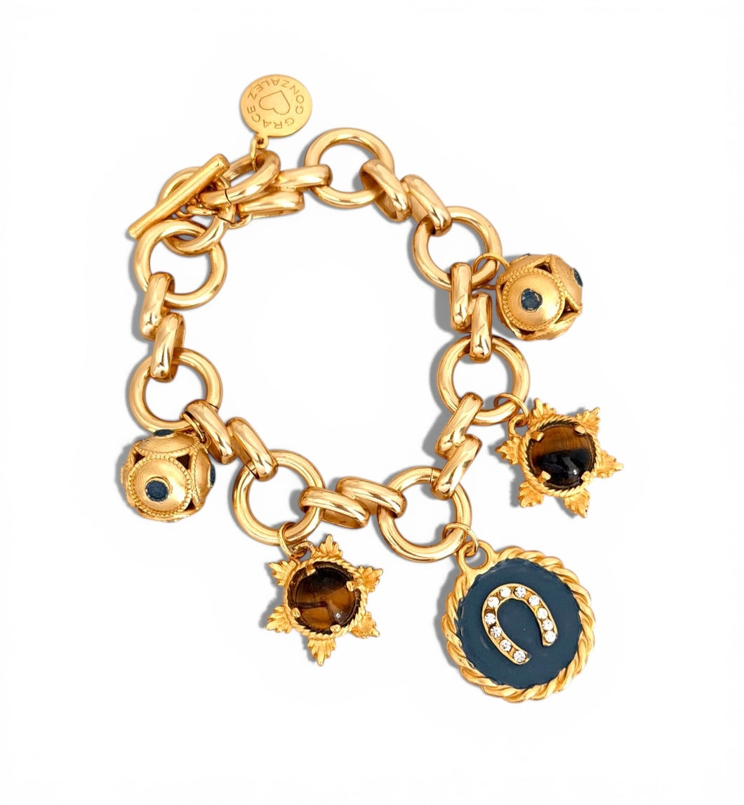 Heradura with Pave & BlueGray Hand Painted Enamel 🎨 with Tiger Eye & Sphere Charm ls ✨ Bracelet Isabela Chain 7 1/2 - 8” adj