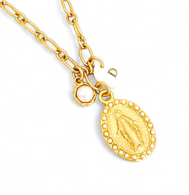 NEW!!! Virgen MILAGROSA Medium Charm with Pearls All Around ✨ Pearl Charm & Initial with EUGENIA Chain ✨Short Necklace 18-20”✨ Choose Initial Below ⬇️