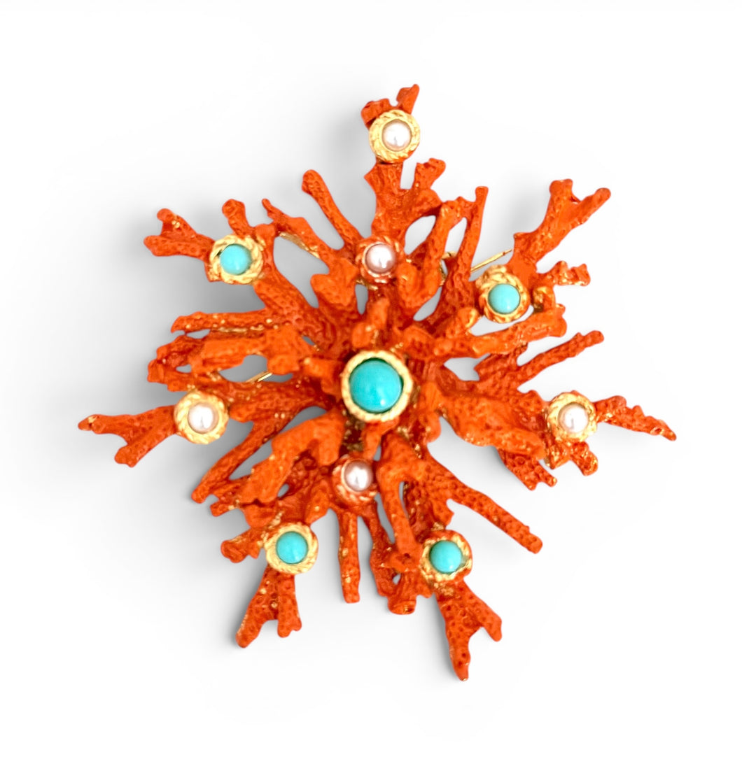 CORAL with Turquoise Color & White Pearl Snowflake Coral Like 🪸 Statement BROOCH 🧷 Approx 3.5” in GOLD ⭐️