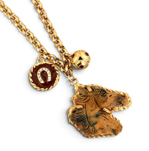 Horse Head Carved Picture Jasper with Sphere Dot Charm & Horse Shoe Charm in Maroon on Estefania Chain Long Necklace 30”