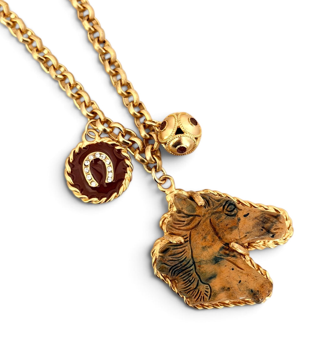 Horse Head Carved Picture Jasper with Sphere Dot Charm & Horse Shoe Charm in Maroon on Estefania Chain Long Necklace 30”