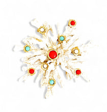 ONLY 1 LEFT!!! ✨WHITE with Coral, Turquoise Color & Pearl Snowflake Coral Like 🪸 Statement BROOCH 🧷 Approx 3.5” in GOLD ⭐️