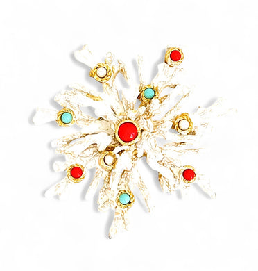 ONLY 1 LEFT!!! ✨WHITE with Coral, Turquoise Color & Pearl Snowflake Coral Like 🪸 Statement BROOCH 🧷 Approx 3.5” in GOLD ⭐️