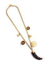 Tusk-like deep Maroon with horse charm & sphere all with enamel on Estefania Chain Long Necklace 30”
