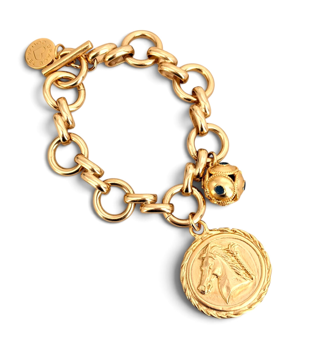 Horse Head Charm with Sphere Dot Charm in Gray on Isabela Chain Bracelet 7 1/2 x 8”