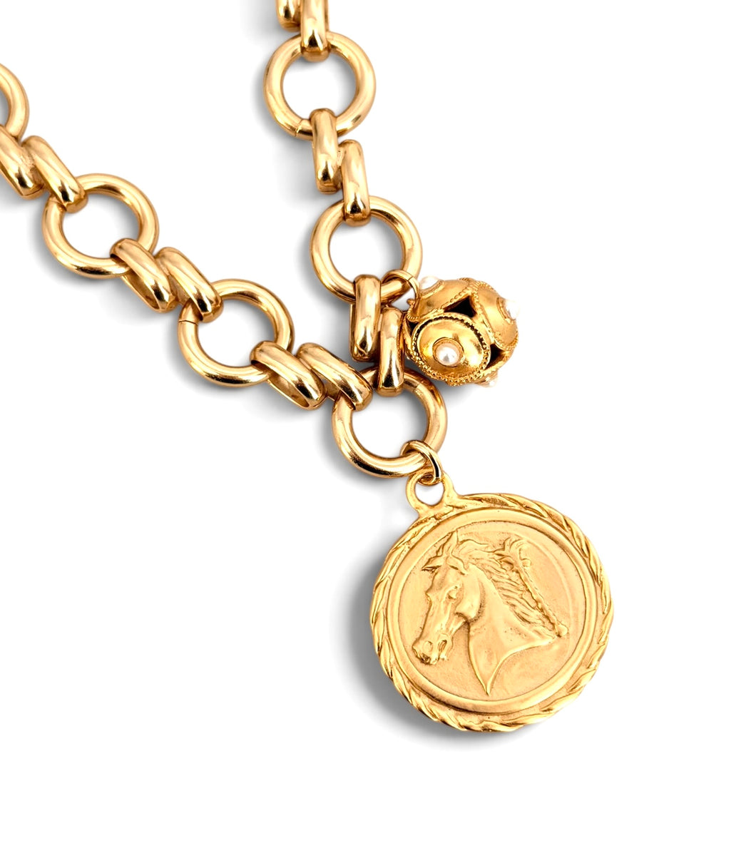 Horse Medallion Charm with Sphere Dot White Pearls Charm Isabela Chain Short Necklace 20”