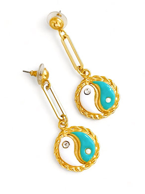 ONLY 1 LEFT!!! Yin & Yang Elongated Earrings Turquoise & White Enamel with CZ & Pearl