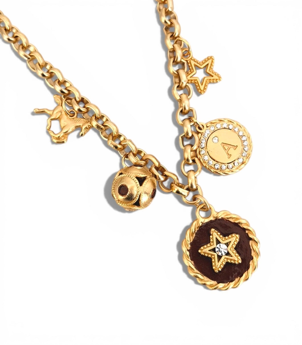 Star Cristal & Maroon Hand Painted Enamel 🎨 with Charms ✨ Estefania Chain Short Necklace (initial only available in store or local pick-up)