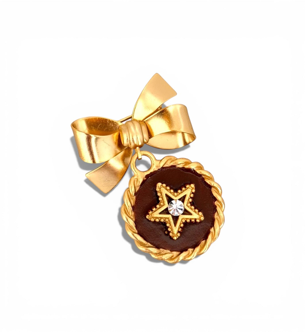 Star Cristal Bow Pin 🧷 with Maroon Enamel Hand Painted 🎨