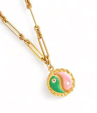 ONLY 2 LEFT!!! Yin & Yang Green & Pink Enamel with CZ & Pearl ✨ SOFIA Chain Short Necklace 30”