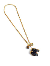 Horse Head Carved Indian Agate with Tiger Eye & Sphere Dot Charms in Gray on Estefania Chain Long Necklace 30”