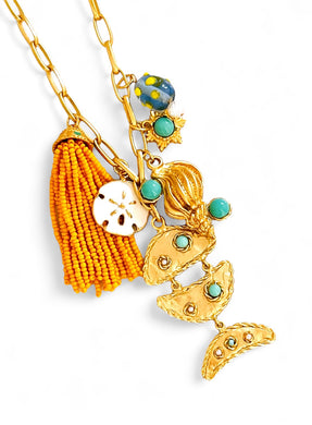 ONLY 1 LEFT!!! PESCARE 🐠 Dangle in Turquesa Color with Multi Charms & Marigold Tassel ☀️ LIA Chain Long Necklace 30”