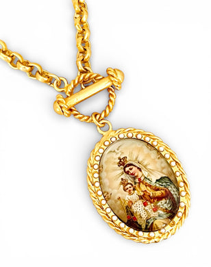 Virgen del Carmen Colored Medallion with Pearls on Estefania Chain with Toggle ✨ Short Necklace 20”