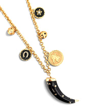 Tusk-like in Black with horse, sphere & charms on Estefania Chain Long Necklace 30”
