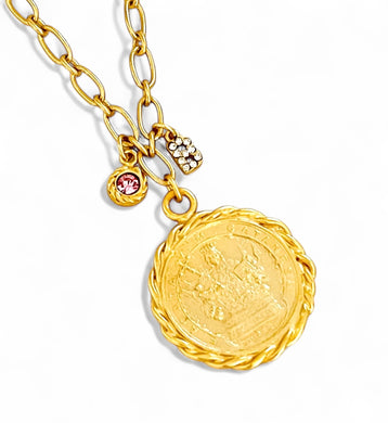 NEW!!! Santa Agatha ✨ Patron Saint of Breast Cancer 💗 Round Charm with Rose Crystal ✨EUGENIA Chain✨Short Necklace 18”-20”✨ Choose Initial Below ⬇️