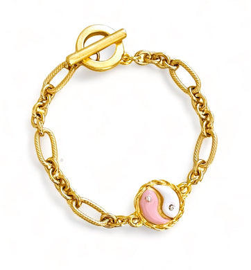 ONLY 1 LEFT!!! Yin & Yang Pink & White Enamel Bracelet ✨ REGINA Chain Toggle Bracelet✨Choose Bracelet Size Below ⬇️