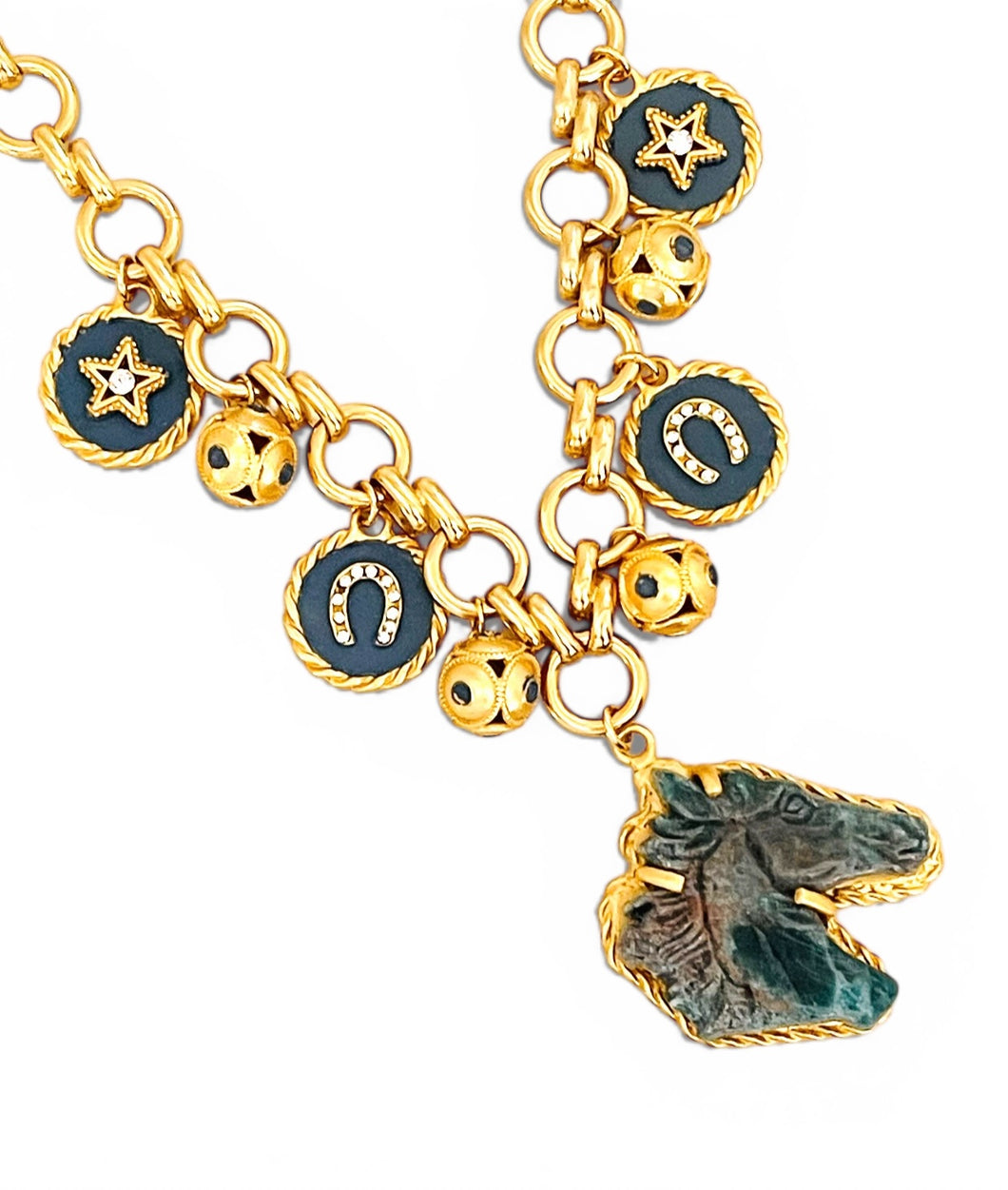 Labradorite for Inner Strength 🐴 Carved Horse Stone with Sphere Dot & Horseshoe Charms on Isabela Short Necklace