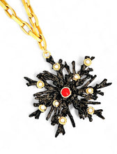 ONLY 1 LEFT!!! ✨ BLACK Enamel Snowflake Coral Like 🪸 with Coral Color & Pearl Cabochons ✨ Pendant Approx 3.5” ⭐️ Long Necklace 30”