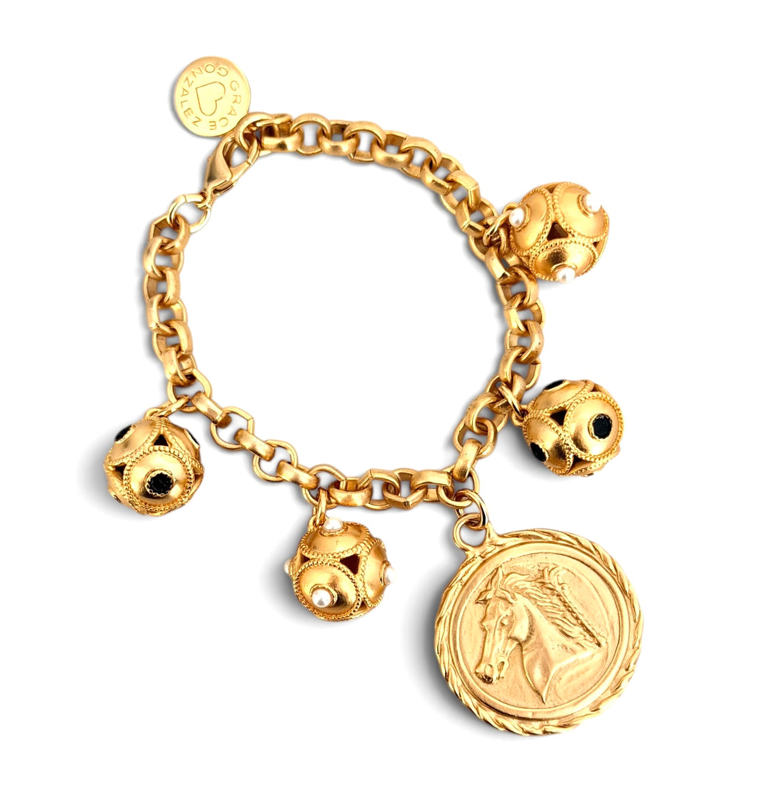 Horse Head Medallion Charm with Sphere Dot Charms on Estefania Chain 7 1/2” x 8”
