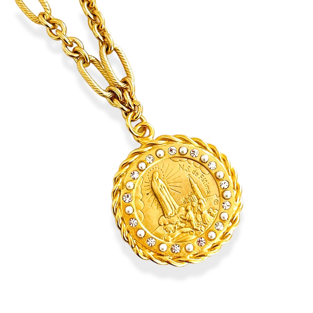 NEW! Virgen de FATIMA Round with REGINA Chain Pearl & CZ Pendant ✨Long Necklace 30”