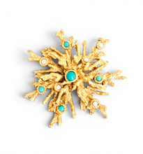 GOLD with Turquoise Color & Pearl Snowflake Coral Like 🪸 Statement BROOCH 🧷 Approx 3.5” ⭐️