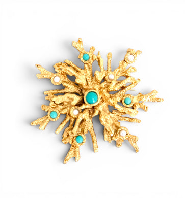 GOLD with Turquoise Color & Pearl Snowflake Coral Like 🪸 Statement BROOCH 🧷 Approx 3.5” ⭐️