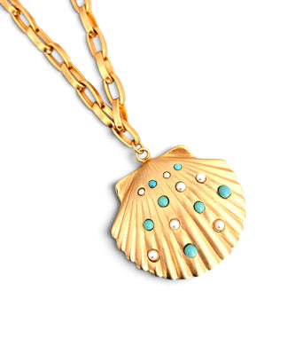 Concha Turquesa with Pearl on Daniela Chain Long Necklace 30”