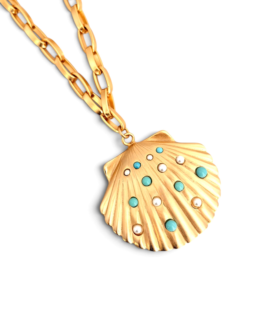 Concha Turquesa with Pearl on Daniela Chain Long Necklace 30”