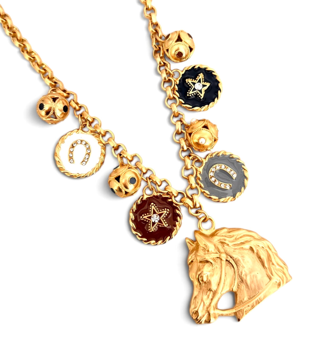 Horse Head with multi charms Sphere Dots & Charms in Fall enamels on Estefania Chain Short Necklace 20-23”