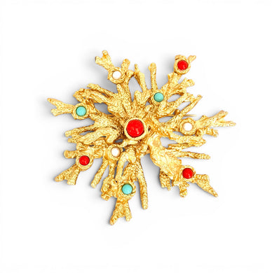 GOLD with Turquoise & Coral Color & Pearl Snowflake Coral Like 🪸 Statement BROOCH 🧷 Approx 3.5” ⭐️