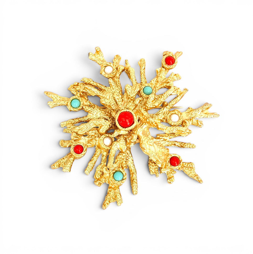 GOLD with Turquoise & Coral Color & Pearl Snowflake Coral Like 🪸 Statement BROOCH 🧷 Approx 3.5” ⭐️