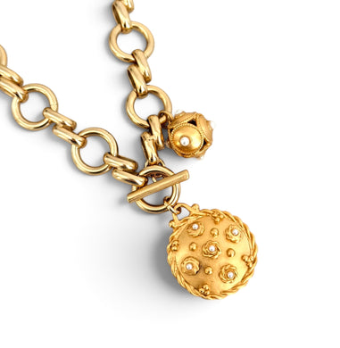 Small Signature Medallion with Pearls & Sphere dot Pearl Charm on Isabels Chain with toggle Short Necklace 18”