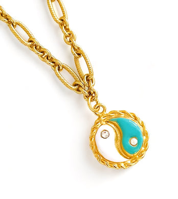 ONLY 2 LEFT!!! Yin & Yang Turquoise & White Enamel with CZ & Pearl ✨ REGINA Chain Short Necklace 18”-20”